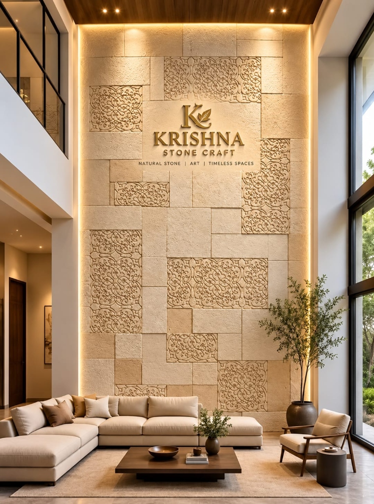Double Height Living Room Wall in Natural Sandstone with Floral Arabesque Carvings and Ambient LED Lighting