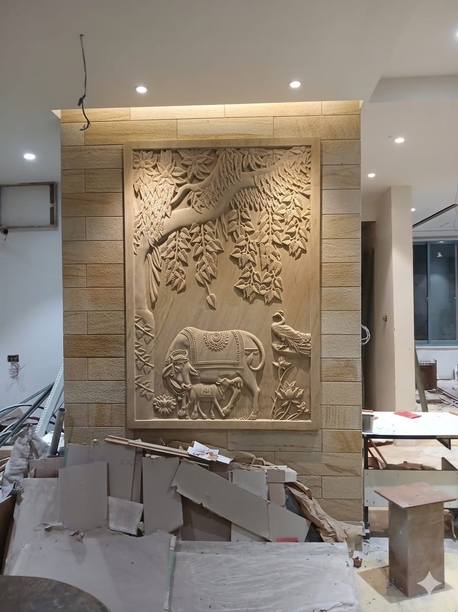 Auspicious entrance foyer stone relief panel depicting Kamadhenu cow and calf under sacred wish-fulfilling tree