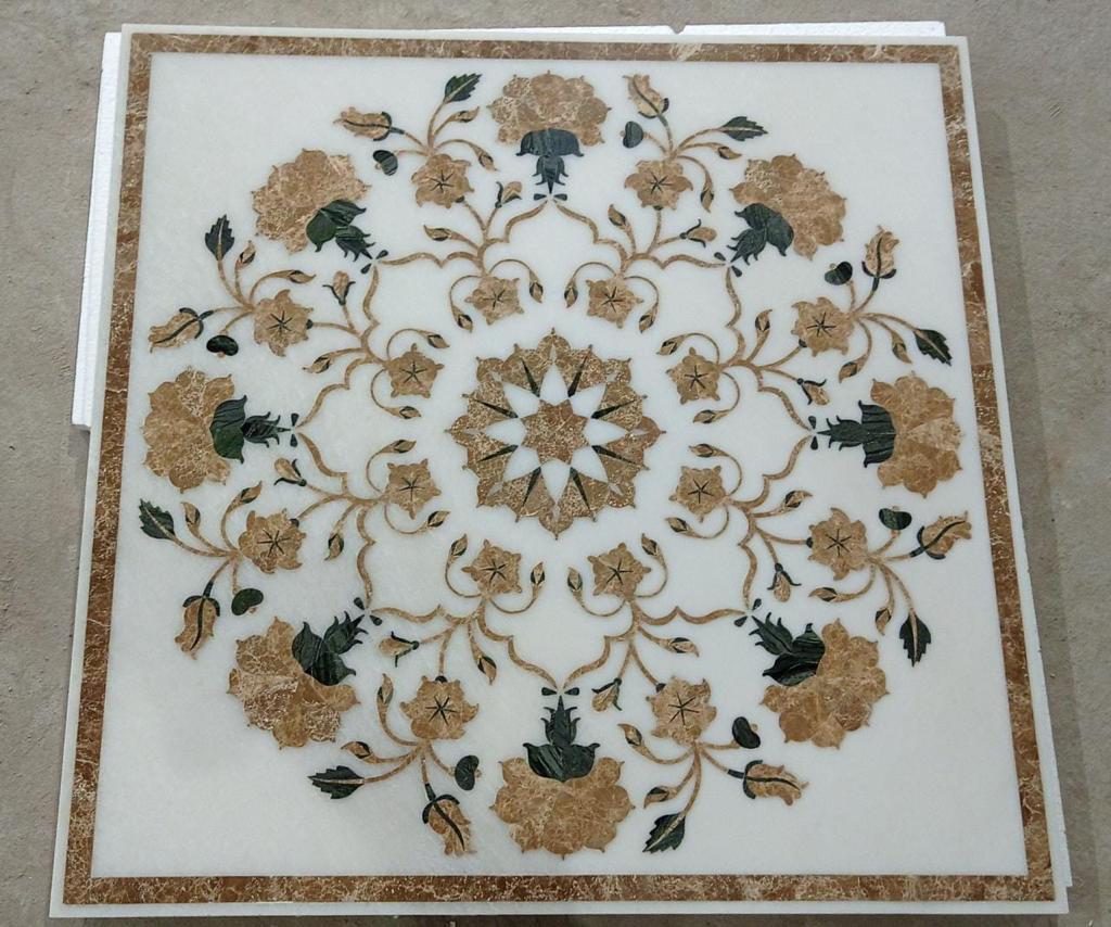 Square white marble floor medallion featuring authentic Pietra Dura semi-precious stone floral inlay border